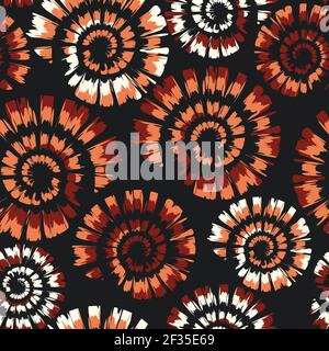 Seamless vector pattern with paint swirl on black background. Artistic seashell tie dye wallpaper design. Decorative spiral fashion textile texture. Stock Vector