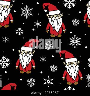 Seamless vector pattern with Santa Claus on black background. Simple winter wallpaper design with Christmas elves. Stock Vector