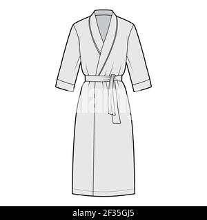 Download Bathrobe Dressing Gown Technical Fashion Illustration With Wrap Opening Knee Length Oversized Tie Pocket Elbow Sleeves Flat Apparel Front Back White Color Style Women Men Unisex Cad Mockup Stock Vector Image