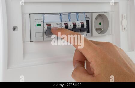 Circuit breaker board displays many switches - OFF Stock Photo