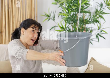 worried woman calling plumber while collecting water from ceiling Stock Photo