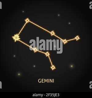 Neon Gemini zodiac sign on dark background. Shining constellation in the night sky. Vector illustration. Stock Vector