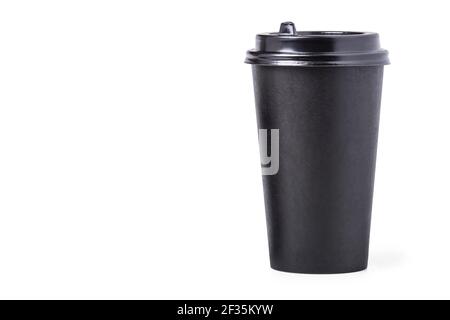 Black disposable coffee cup with lid isolated on white background Stock Photo