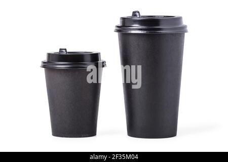 Large and small disposable black coffee cups isolated on white background Stock Photo