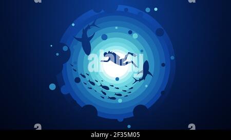 Silhouette of scuba diver and coral reef with fish in blue round vector illustration. Stock Vector