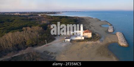 Bibione lighthouse from above at sunset in a panoramic view-Italy Stock Photo