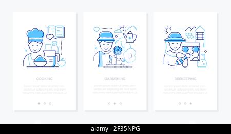 Hobbies - vector line design style web banners with copy space for text. Cooking, gardening, beekeeping leisure activities. Images of active people pr Stock Vector