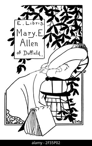 woman asleep in chair 1995 bookplate design for Mary E Allen by ‘The Snark’ illustrator Starr Wood Stock Photo