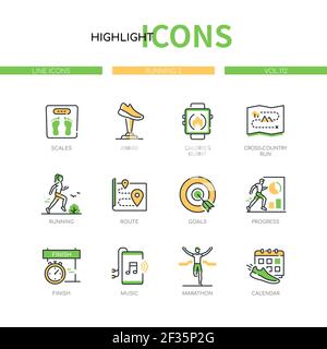 Running - modern line design style icons set. Sport concept. Progress tracking mobile app idea. Scales, award, calories burnt, cross-country route, go Stock Vector