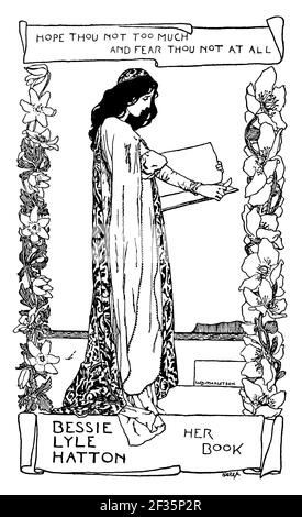 Hope thou too much bookplate for actress, playwright, journalist, and feminist Bessie Lyle Hatton, designed by painter and illustrator William Henry M Stock Photo