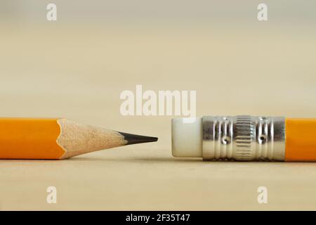 Close-up of tip and eraser of yellow pencil Stock Photo