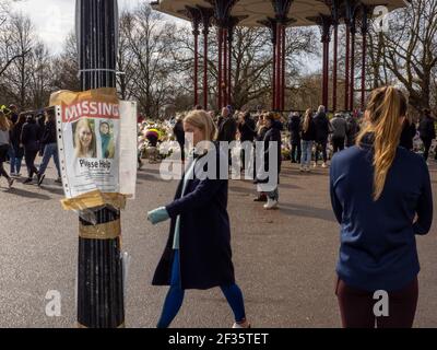 A MISSING poster at the makeshift shrine to the murdered woman Sarah Everard at the bandstand on Clapham Common, south London, UK. Stock Photo