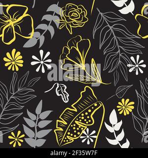 Seamless pattern of ultimate gray hand draw tropical leaves of palm tree and illuminating yellow flowers. Botany vector background, jungle  wallpaper. Stock Vector