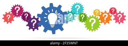 eps vector illustration of colored gears symbolizing cooperation or teamwork process with question marks and glowing light bulb for great solution ide Stock Vector