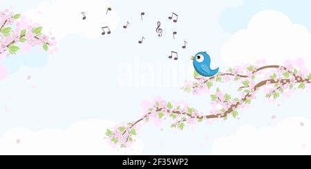 eps vector file with blue colored bird in love, sitting on branches with blossoms and green leaves in spring time, singing with musical notes, backgro Stock Vector