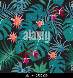 Seamless pattern with tropical leaves of palm tree, monstera and flowers. Botany vector background, jungle  wallpaper. Stock Vector