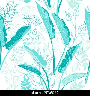 Seamless pattern of blue hand draw tropical leaves of palm tree and  bananas. Vector background, jungle  wallpaper. Stock Vector