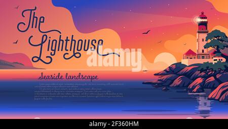 Lighthouse - vector landscape. Sea landscape with a beacon on the beach at sunset. Vector horizontal illustration in flat cartoon style. Stock Vector