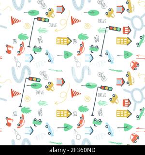 endless pattern set city cars traffic lights road. simple hand drawing style vector illustration. Stock Vector