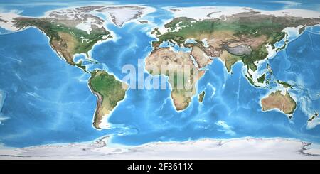 Physical map of the World, with high resolution details. Flattened satellite view of Planet Earth, its geography and topography. NASA elements. Stock Photo