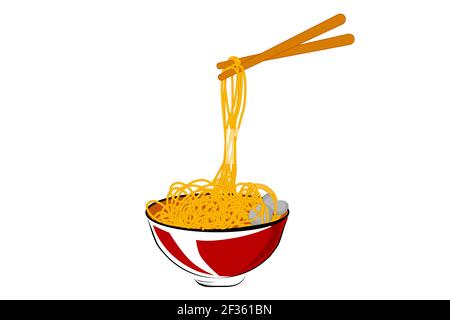 Vector Hand Draw Sketch, Noodle Meat Ball at Red Bowl and Chopstick Stock Vector