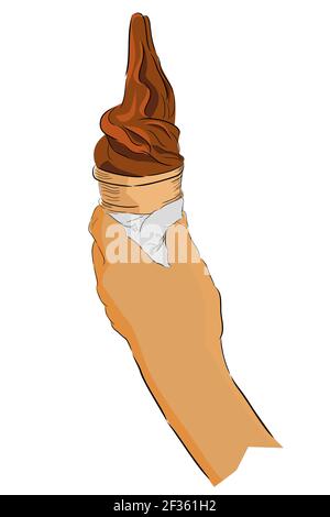 Flat Color Hand Draw Sketch, Hand Holding Chocolate Ice Cream Cone, isolated on white Stock Vector