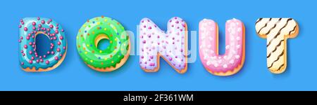 Donut sign icing upper latters of donuts. Bakery sweet alphabet. Donut alphabet latters isolated on blue background, vector illustration Stock Vector