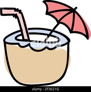 Hand drawn vector coconut cocktail drink with a decorative umbrella and a drinking straw. Isolated on a white background. Cute scandinavian Stock Vector