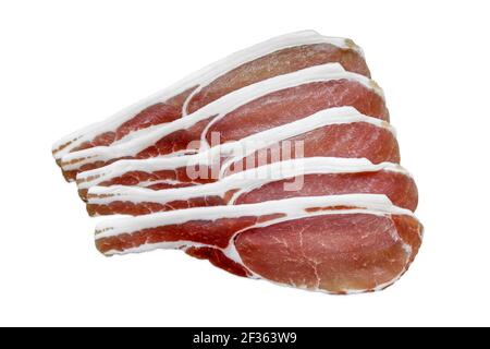 Five rashers of unsmoked dry-cured back bacon isolated on a white background Stock Photo