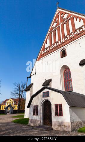 Porvoo cathedral facade fragment. It is a cathedral of the Evangelical Lutheran Church of Finland in Porvoo, Finland. It was built in the 15th century Stock Photo