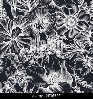Seamless pattern with hand drawn chalk anemone, lavender, rosemary everlasting, phalaenopsis, lily, iris Stock Vector