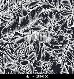 Seamless pattern with hand drawn chalk monstera, banana palm leaves, strelitzia, heliconia, tropical palm leaves, orchid Stock Vector