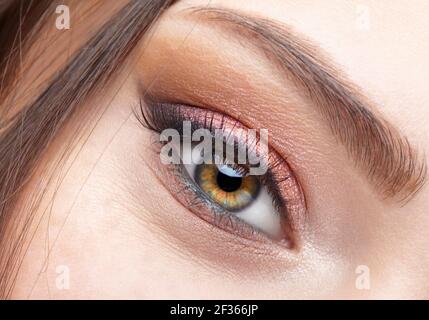 Closeup macro shot of  smiling female eye. Woman with natural evening vogue face beauty makeup. Girl with perfect skin and  pink  eyes shadows. Stock Photo