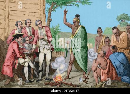 History of the United States of America. Native American council and conquistadors meeting around a fire. Engraving by Vernier. Panorama Universal. History of the United States of America, from 1st edition of Jean B.G. Roux de Rochelle's Etats-Unis d'Amérique in 1837. Spanish edition, printed in Barcelona, 1850. Later colouration. Stock Photo