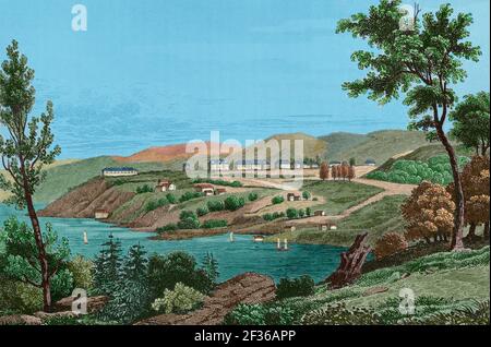 View of West Point. The United States Military West Point. Washington selected Thaddeus Kosciuszko, one of the heroes of Saratoga, to design the fortifications for West Point in 1778. President Thomas Jefferson established the United States Military Academy in 1802, by the Hudson River, north of New York. Engraving by Milbert. Panorama Universal. History of the United States of America, from 1st edition of Jean B.G. Roux de Rochelle's Etats-Unis d'Amérique in 1837. Spanish edition, printed in Barcelona, 1850. Later colouration. Stock Photo