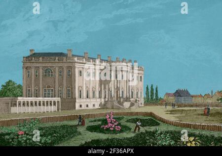 United States, Washington D.C. The White House. Designed by James Hoban (1758-1831), in Neoclassical style, its construction took place between 1792 and 1800. It has been the residence of every U.S, president since John Adams in 1800. Engraving by Arnout. Panorama Universal. History of the United States of America, from 1st edition of Jean B.G. Roux de Rochelle's Etats-Unis d'Amérique in 1837. Spanish edition, printed in Barcelona, 1850. Later colouration. Stock Photo