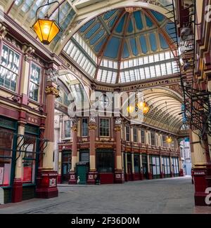 A desserted Leadenhall market during the 2021 covid-19 lockdown in the city of London, UK.
