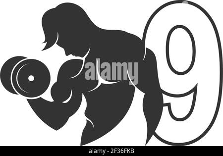 Number 9 logo icon with a person holding barbell design vector illustration Stock Vector