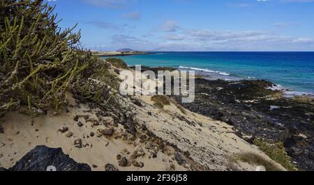 coastline and sand dunes on Fuerteventura near Corralejo Stock Photo