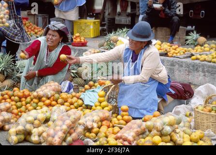 Ecuador Ecuadorian South America American Otavalo Saquisili Market,Cotopaxi Chibuleos Indigenous women vendors selling produce fruit, Stock Photo