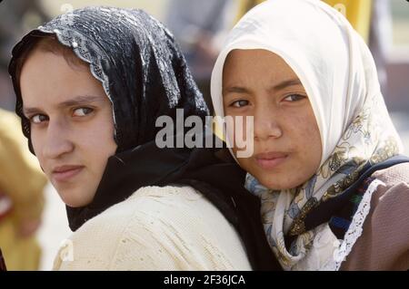 Cairo Egypt Egyptian Muslim Egyptian Museum,teen teenage teenagers girls female Muslim students heads covered hijab,school class field trip, Stock Photo