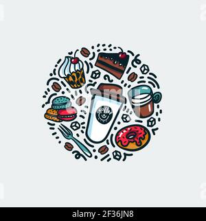 Coffee and cake concept. Colorful doodle-style cartoon objects on coffee theme made in a circle. Excellent for advertisements, signboards, menu Stock Vector
