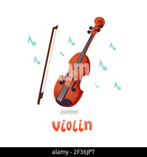 Violin. Vector illustration of a violin and notes in cartoon flat style with grain texture on a white background. Vector illustration Stock Vector