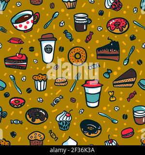 Coffee theme seamless background. Colorful doodle style set of objects on a coffee theme. Coffee cups and desserts. Excellent for menu design and cafe de Stock Vector