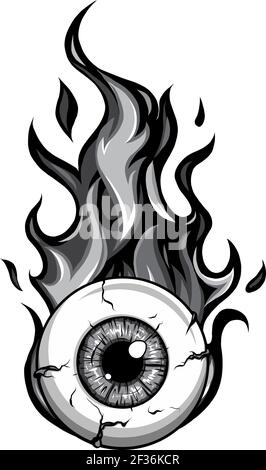 monochromatic Single eyeball on fire in flames vector illustration Stock Vector