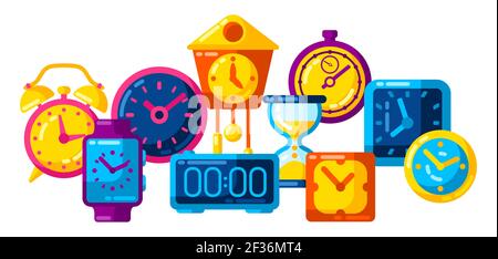 Seamless pattern with different clocks. Stylized icons for design and applications. Stock Vector
