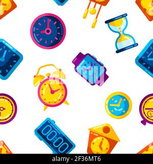 Seamless pattern with different clocks. Stylized icons for design and applications. Stock Vector