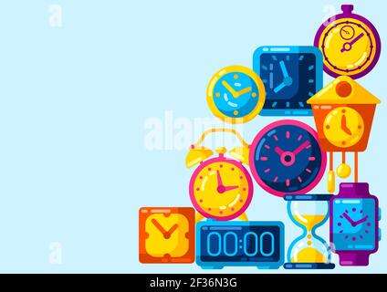 Background with different clocks. Stylized icons for design and applications. Stock Vector