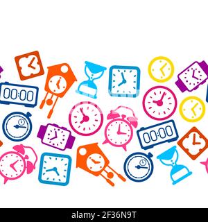 Seamless pattern with different clocks. Stylized icons for design and applications. Stock Vector