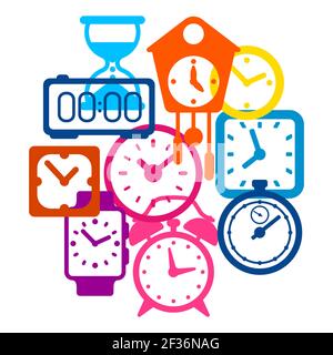 Background with different clocks. Stylized icons for design and applications. Stock Vector